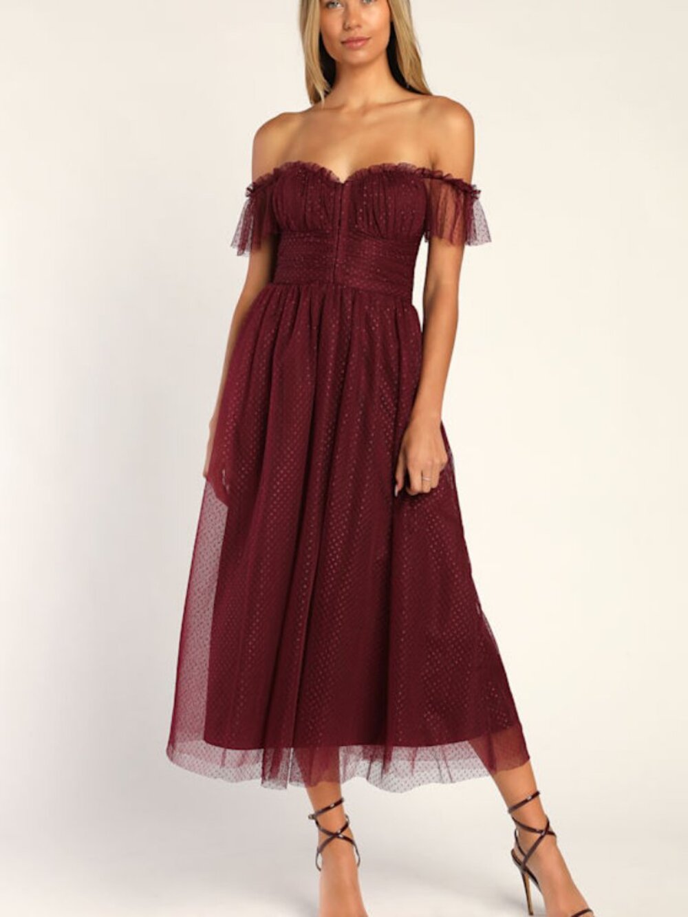 Lulus Regal Radiance Burgundy Tulle Bustier Midi Dress Red - Size XL